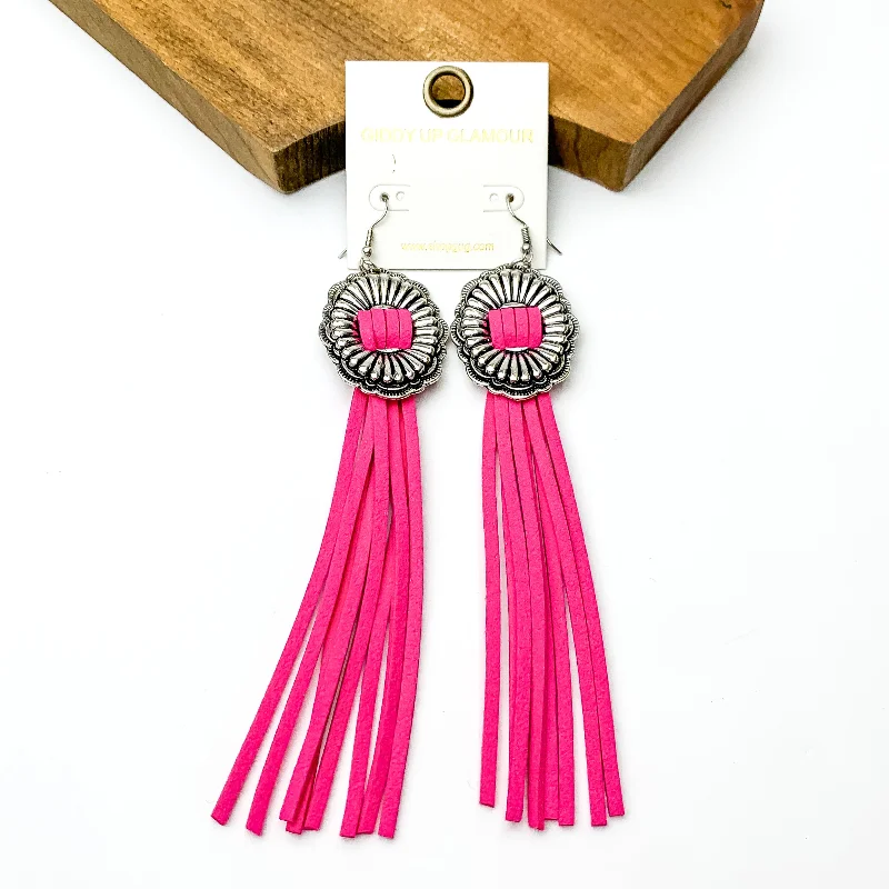 Women’s statement earrings-Silver Tone Concho Dangle Earrings with Pink Tassels