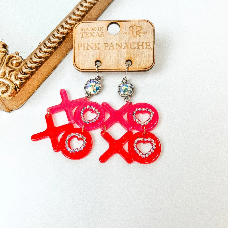 Women’s sparkling diamond earrings-Pink Panache | Cushion Cut AB Crystal with XOXO Acrylic Letter Earrings in Pink and Red