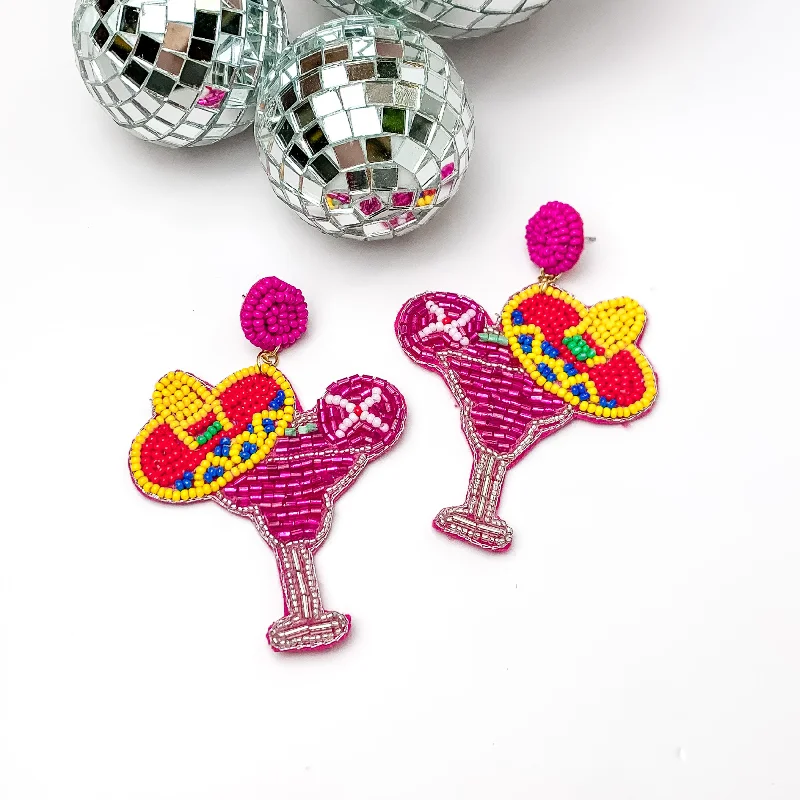 Women’s luxury pearl earrings-Cocktail Glass in Pink with a Sombrero Hat Earrings