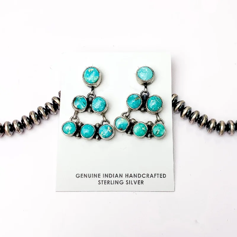 Women’s flower earrings-Lorenzo Sam | Navajo Handmade Sterling Silver Tiered Post Chandelier Earrings with Kingman Turquoise Stones