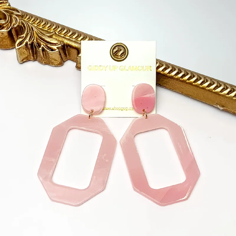 Women’s drop earrings-Malibu Marble Open Rectangle Earrings in Light Pink