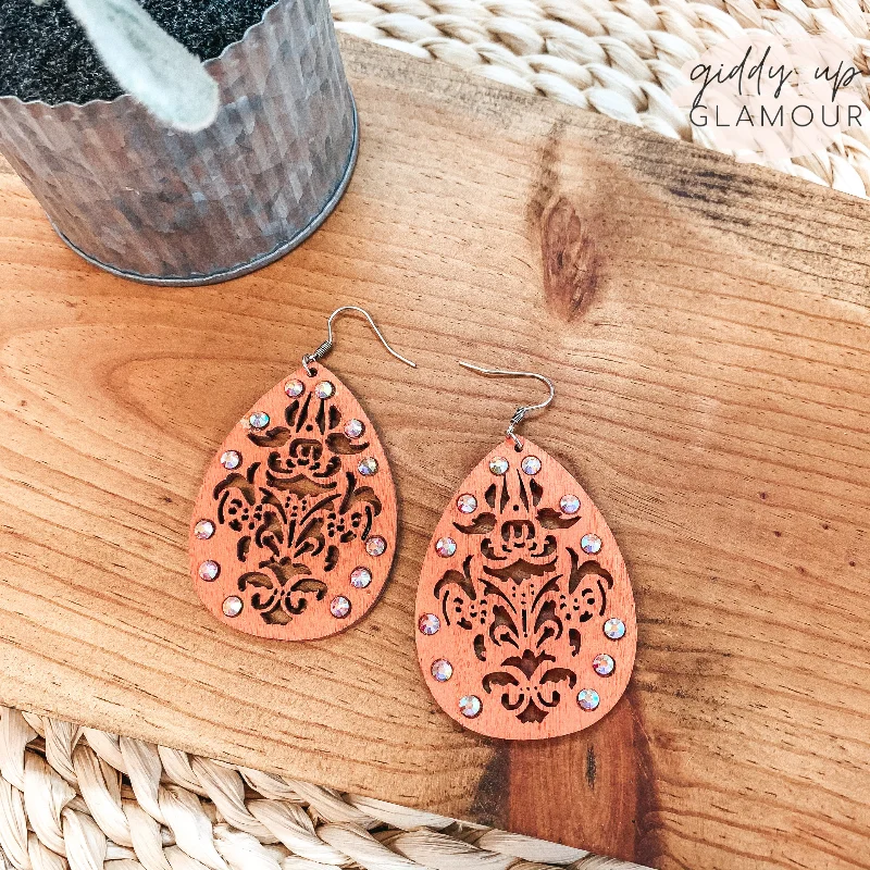 Women’s geometric earrings-Chic Wooden Teardrop Earrings in Coral with AB Crystal