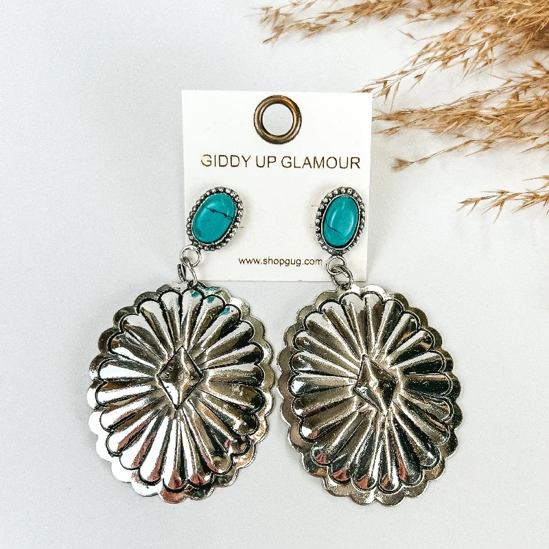 Women’s personalized stud earrings-Turquoise Post Earrings with Silver Tone Concho Pendant