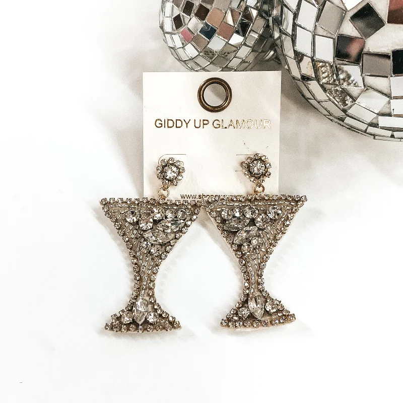 Women’s vintage diamond earrings-Cocktail Glass Beaded Earrings in Silver