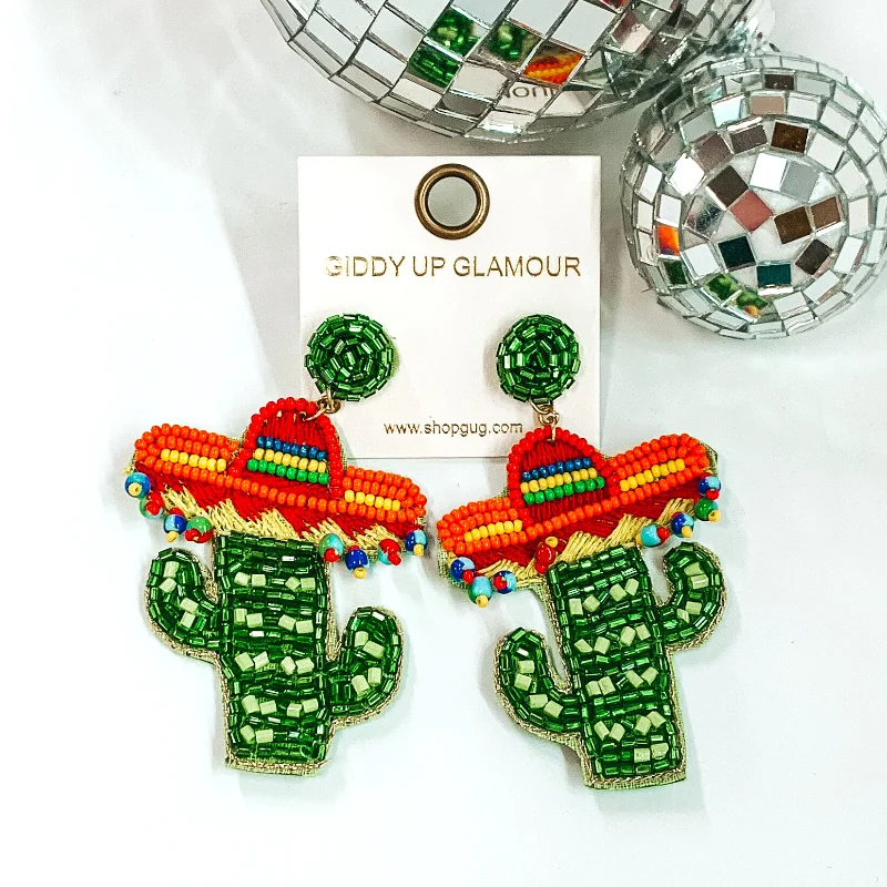 Women’s infinity earrings-Beaded Cactus Earrings with a Sombrero in Green