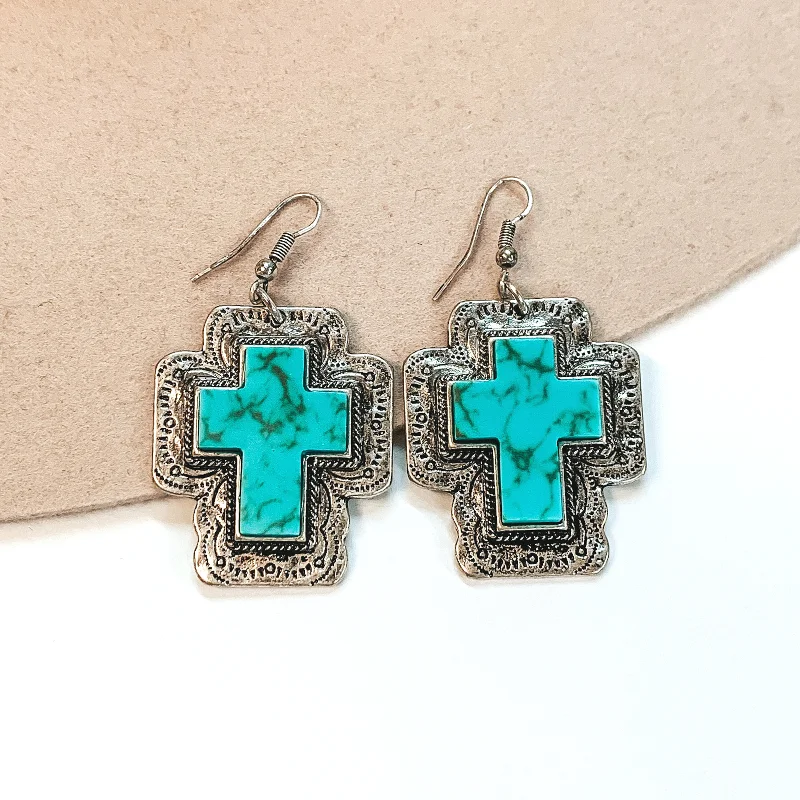 Women’s high-fashion earrings-Silver Cross Pendant Earrings with Cross Stone in Turquoise