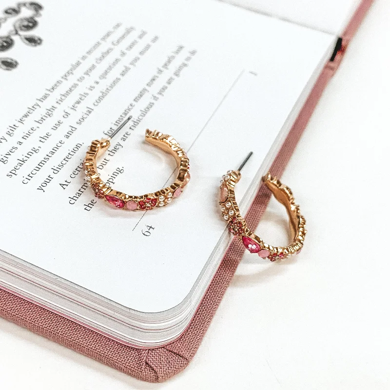 Women’s flower earrings-Gold Tone Hoop Earrings with Pink Crystals