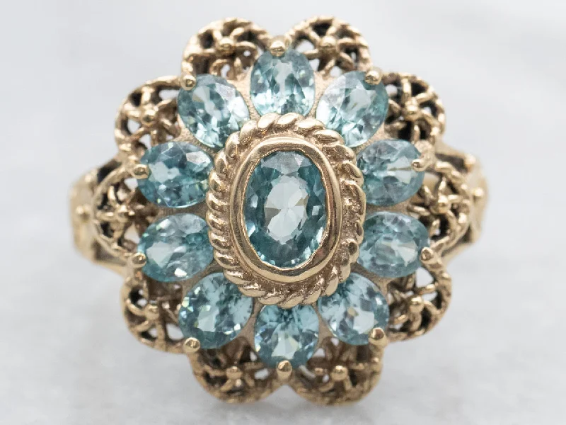 Ornate Blue Zircon Halo Cocktail Ring