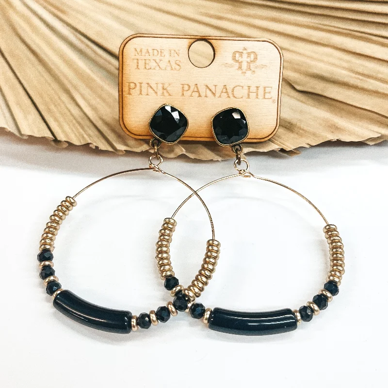 Women’s handmade earrings-Pink Panache | Black Crystal Beads and Gold Beaded Hoop Earrings with Cushion Cut Crystals in Black