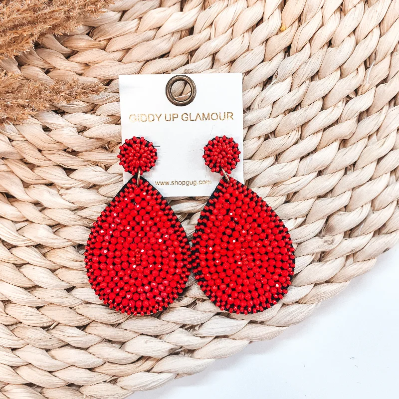 Women’s heart-shaped earrings-Crystal Beaded Circle Post Earrings with Large Teardrop Dangle in Red