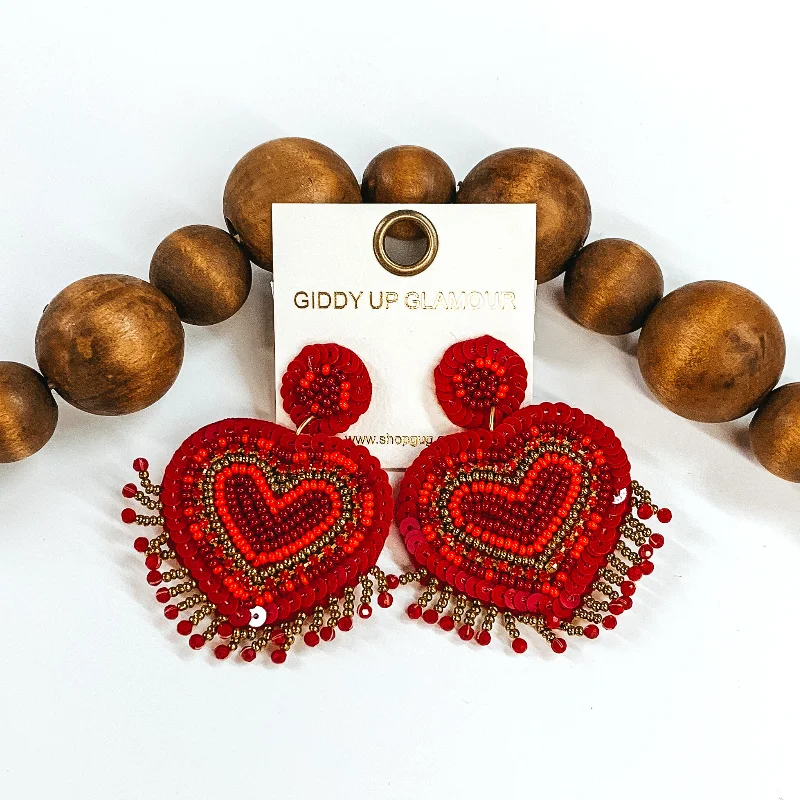 Women’s crystal earrings-Happy Hearts Beaded Earrings in Red