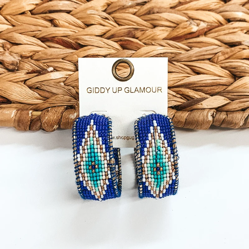 Women’s delicate gold earrings-Aztec Pattern Beaded Hoop Earrings in Royal Blue