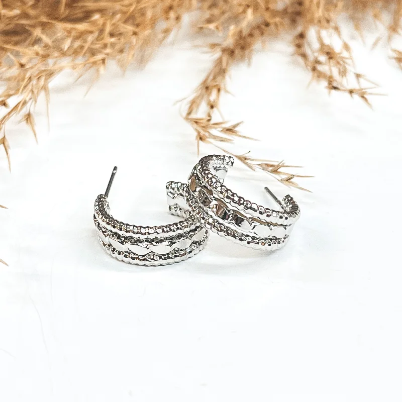 Women’s sterling silver earrings-Darling Daze Small Rope Textured Hoop Earrings in Silver Tone