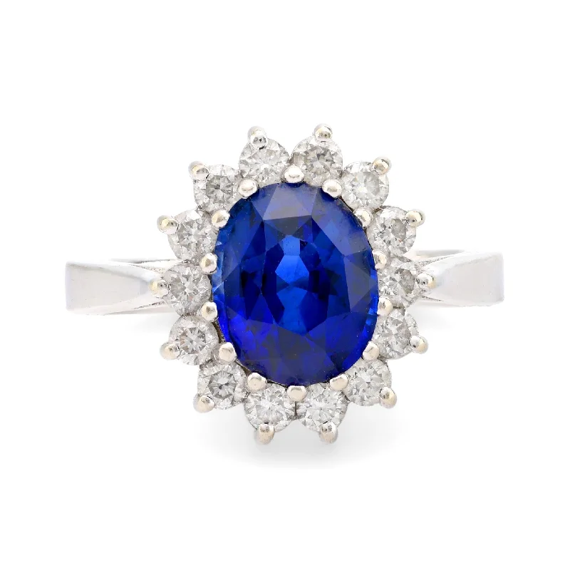 Women’s sparkling rings-Modern 3 carat oval cut sapphire diamond 14k white gold cluster ring