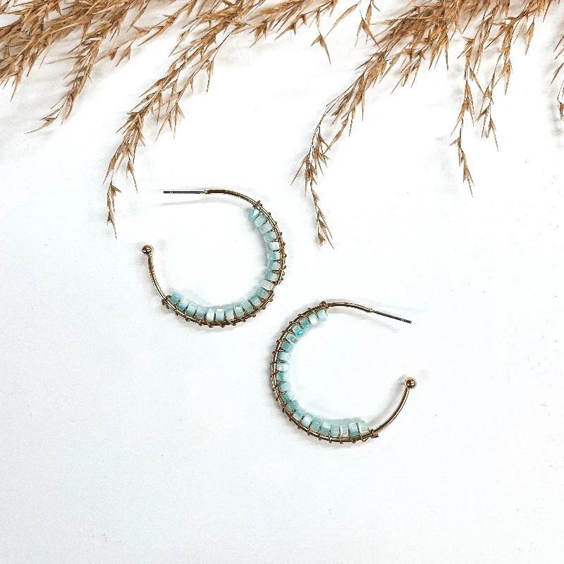 Women’s high-fashion earrings-Oceans Away Open Ended Circle Hoops with Mother of Pearl Beads in Light Blue