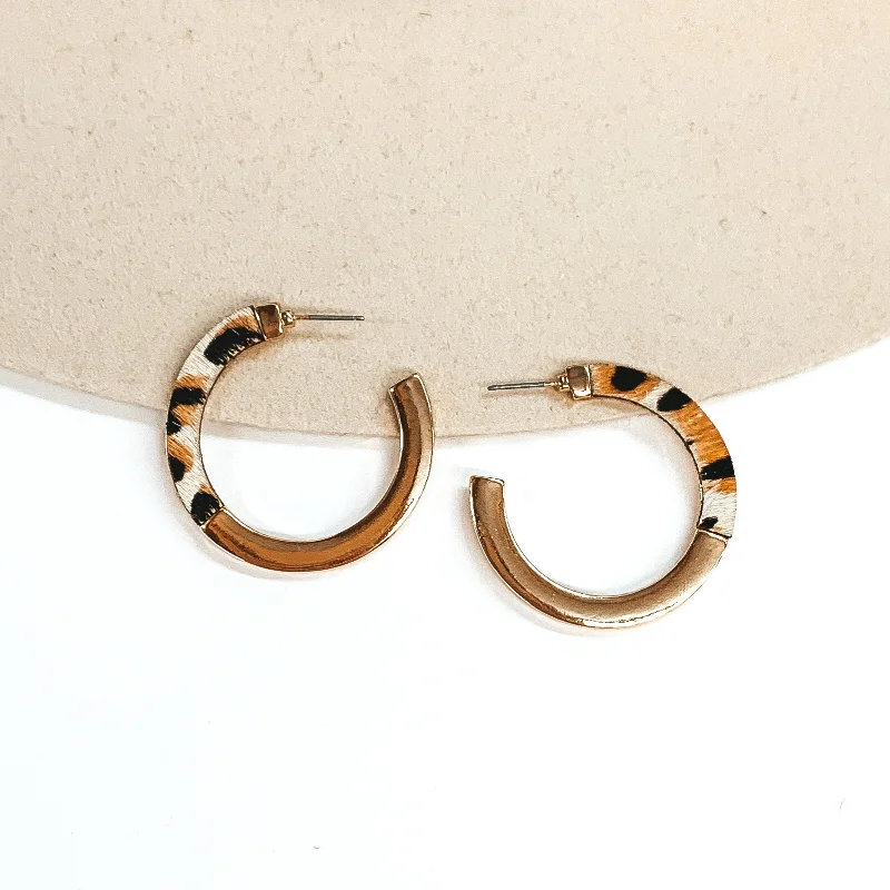 Women’s eco-friendly earrings-Gold Flat Hoop Earrings with Half Leopard Print in White