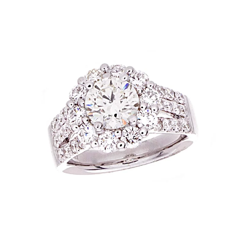 Women’s crown rings-Round Diamond Halo Ring with Three Row Band