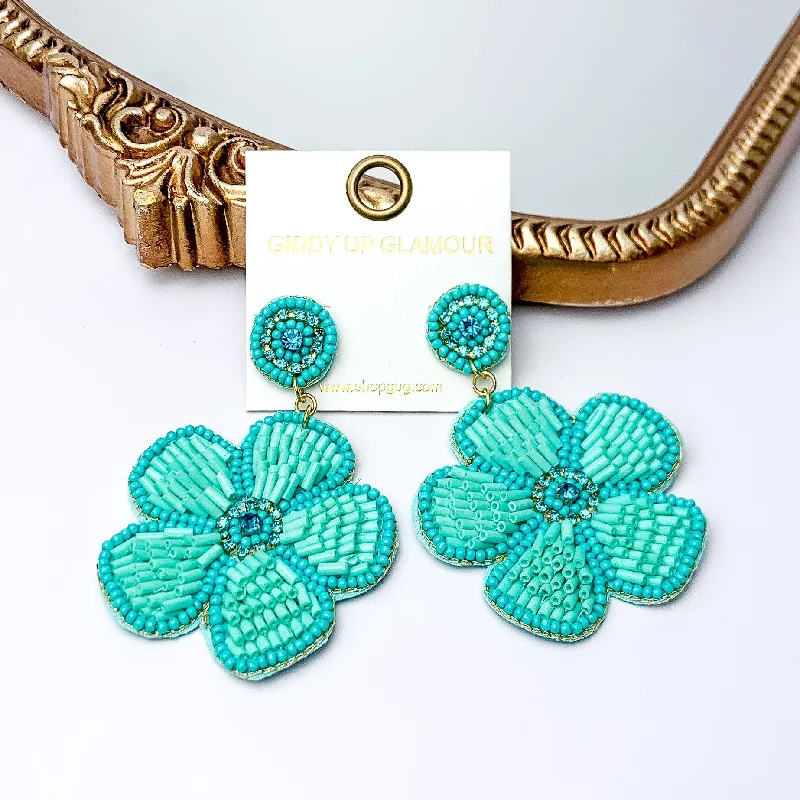 Women’s stylish earrings-Beaded Flower Earrings in Turquoise with Crystal Stones