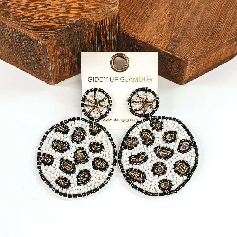 Women’s flower stud earrings-Leopard Print beaded Circle Drop Earrings in White