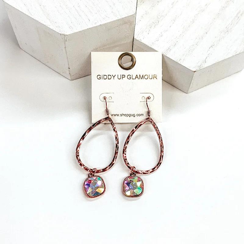 Women’s gold hoop earrings-Small Hammered Teardrop Earrings with AB Hanging Crystal in Copper Tone