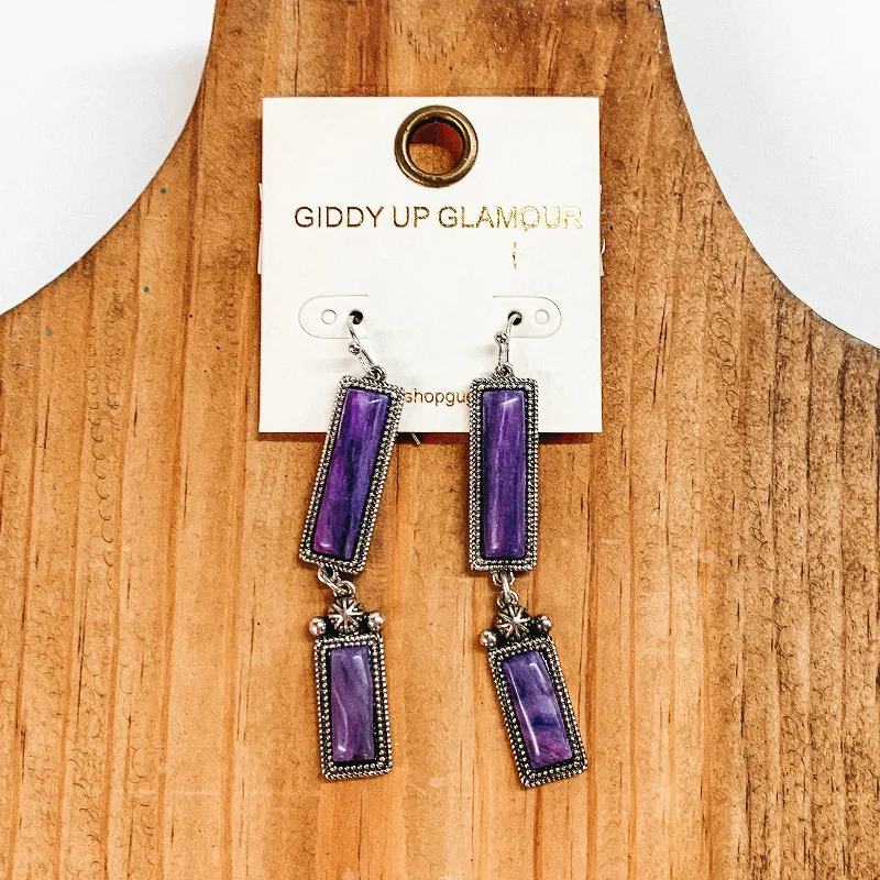 Women’s gold drop earrings-Two Rectangle Drop Earrings with Faux Purple Stones in Silver Tone