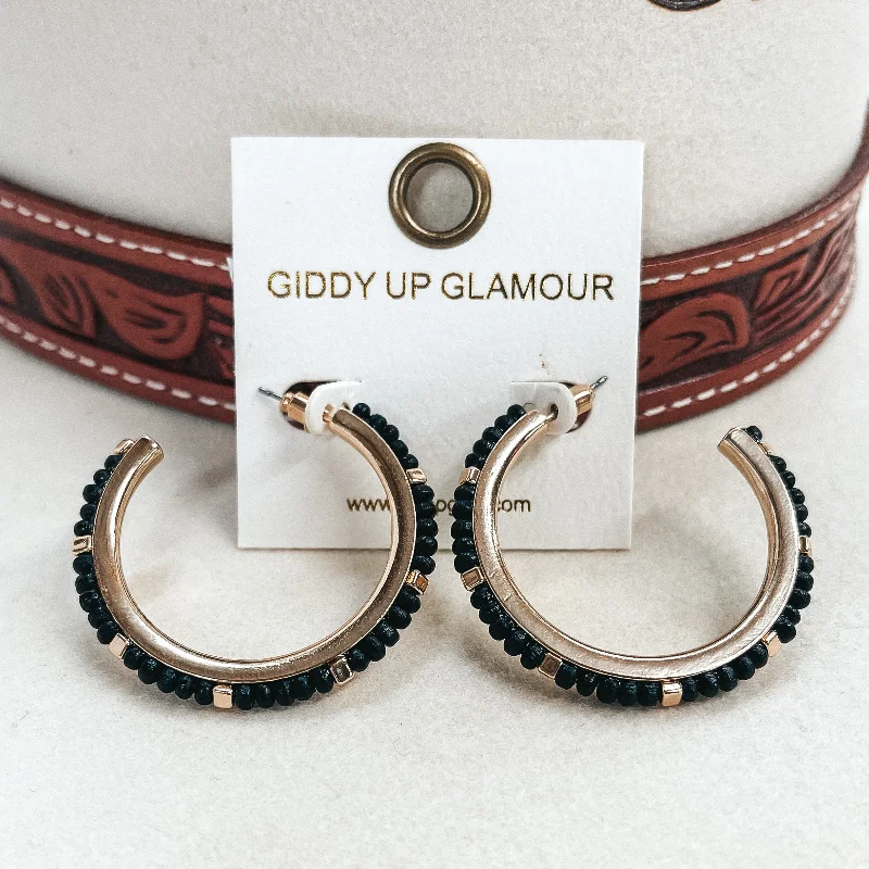 Women’s unique earrings-Gold Hoops with Wood Beads and Gold Spacers in Black