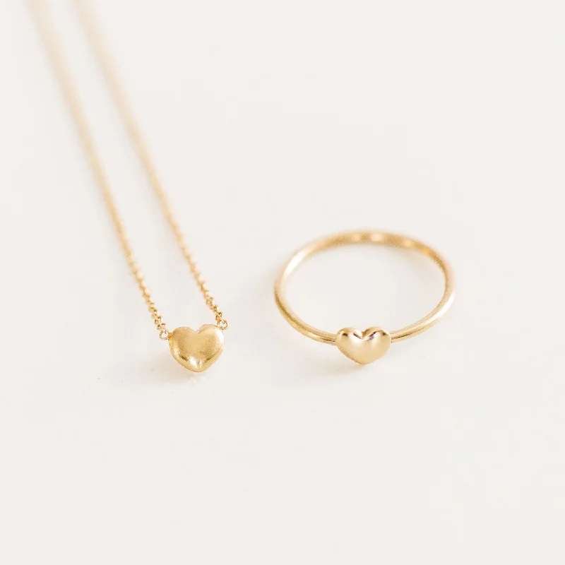 Women’s luxury diamond rings-14K Puff Heart Necklace + Ring Set