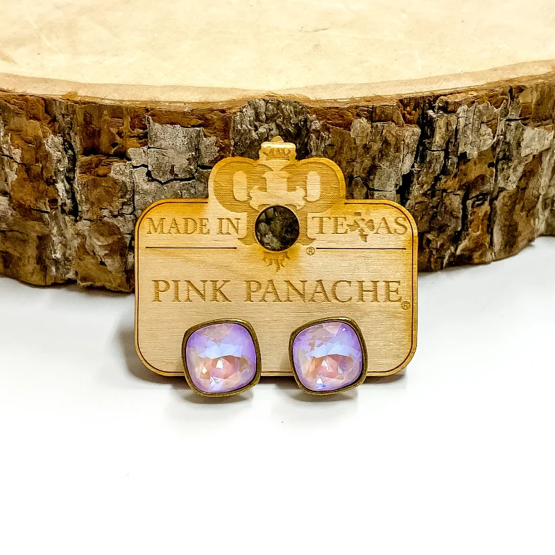 Women’s gold hoop earrings-Pink Panache | Bronze Tone Stud Earrings with Cushion Cut Crystals in Lavender