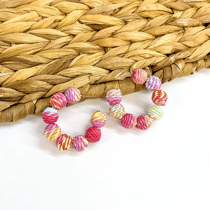 Women’s chic earrings-Raffia Ball Hoop Earrings in Pastel Multicolored