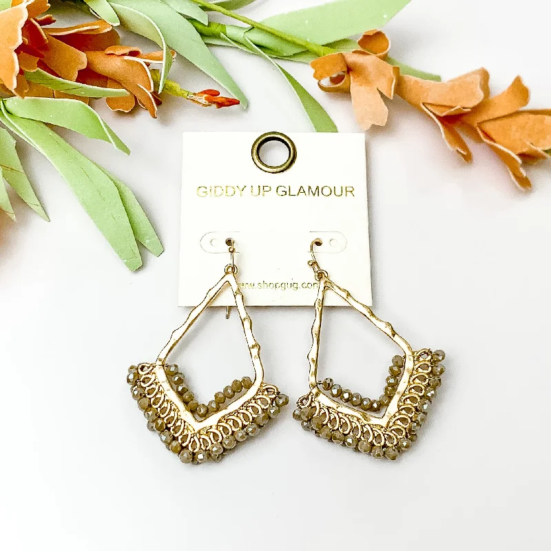 Women’s dangly earrings-Beige Crystal Beads Bordering Open Drop Gold Tone Earrings.