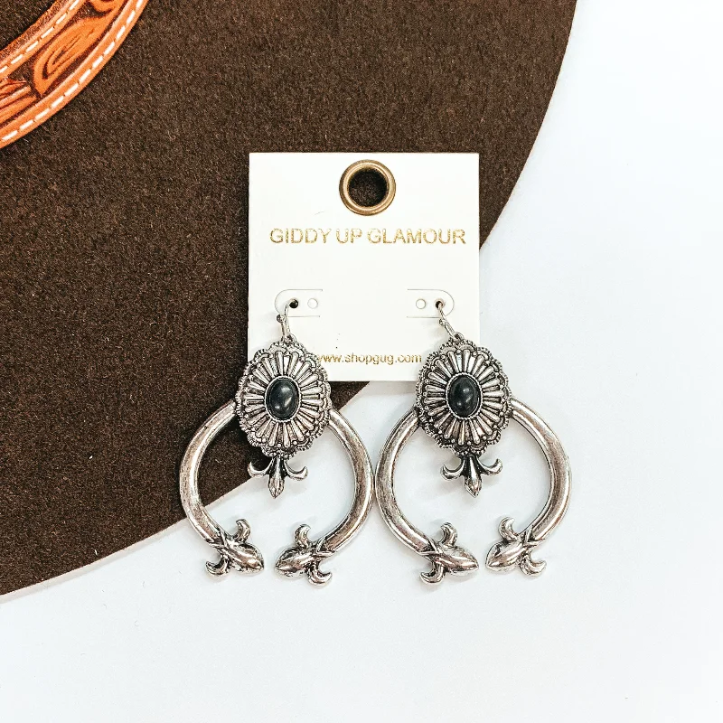 Women’s flower earrings-Coming in First Squash Blossom Earrings with Concho and Oval Stone in Black