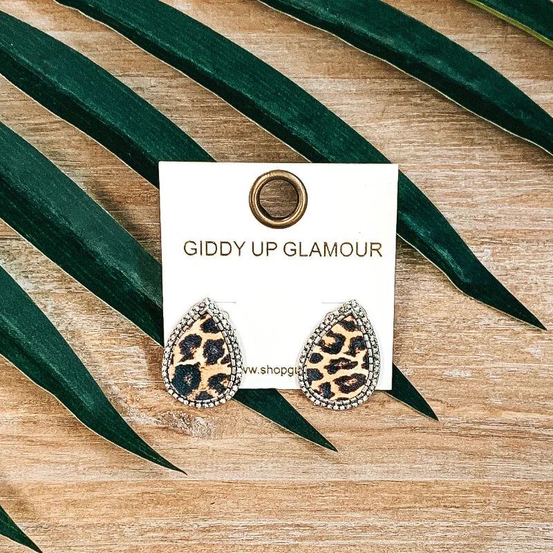 Women’s gemstone earrings-Teardrop Leopard Print Studs in Silver with Clear Crystals