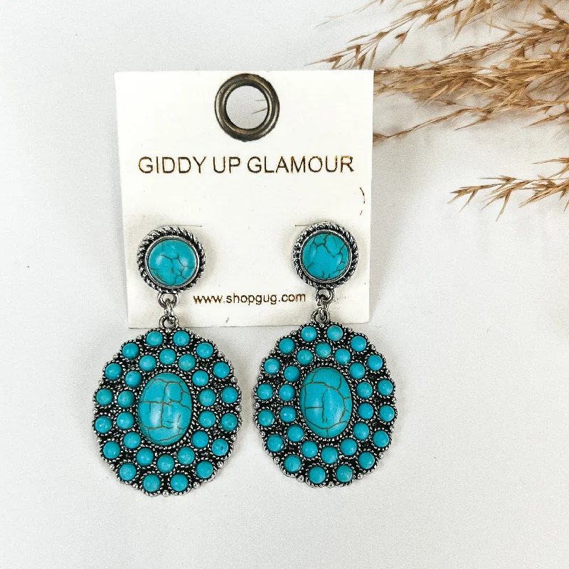 Women’s flower stud earrings-Turquoise Circle Post Earrings with Circle Cluster Drop with Turquoise Stones