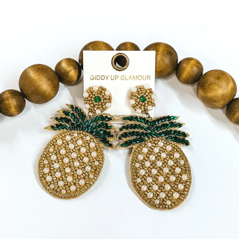 Women’s delicate earrings-Beaded Pineapple Earrings with Pearls in Gold and Green