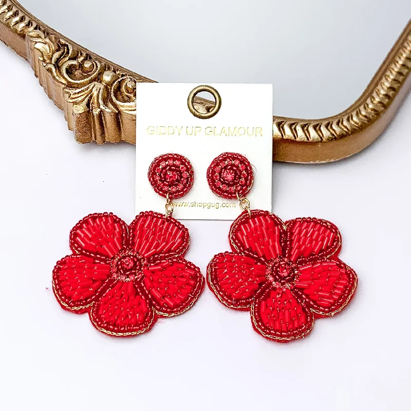 Women’s birthstone earrings-Beaded Flower Earrings in Red with Crystal Stones