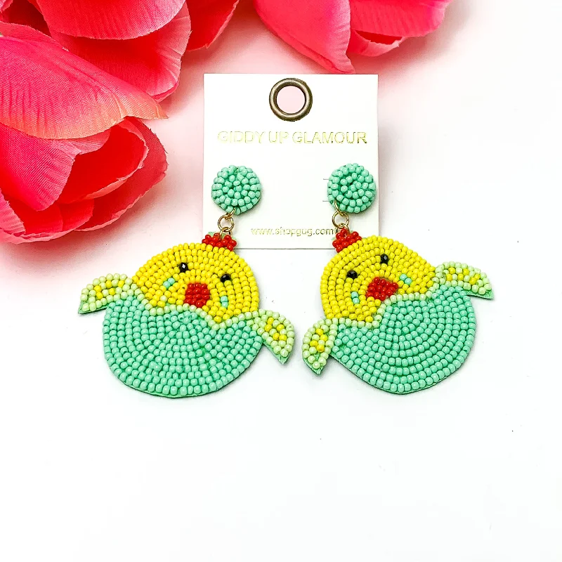 Women’s delicate earrings-Beaded Hatching Chick Easter Earrings in Mint