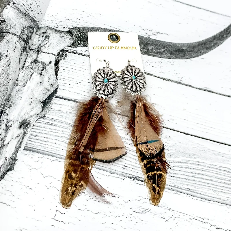 Women’s emerald earrings-Desert Doll Silver Tone Feather Earrings in Brown