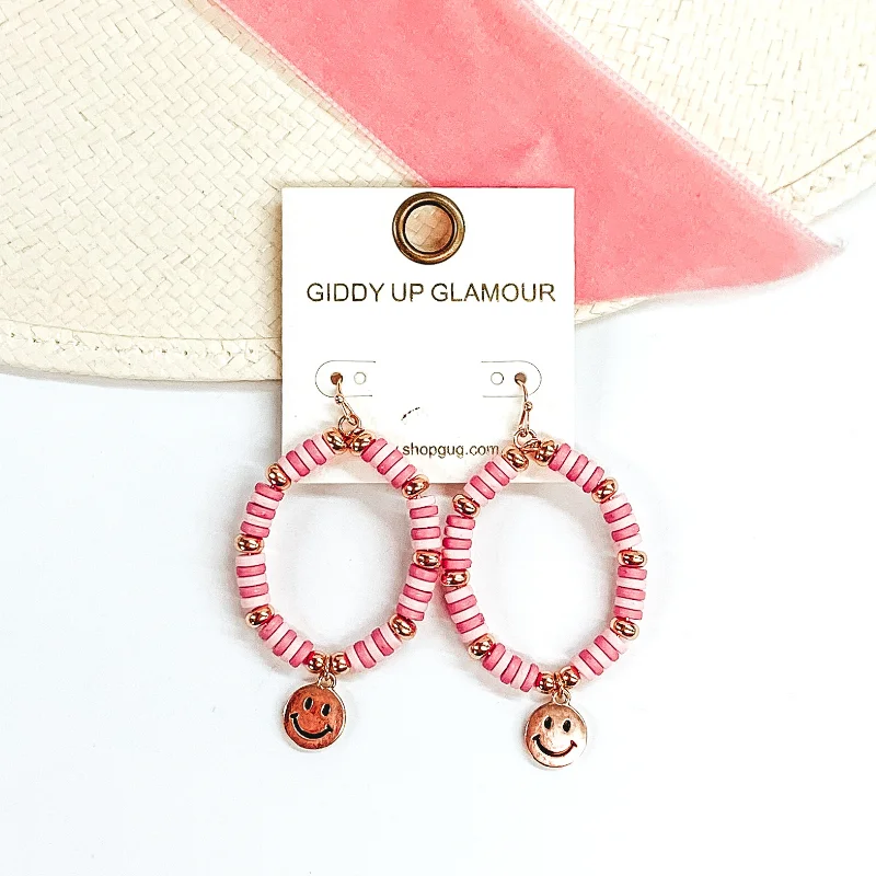 Women’s luxury earrings-Beaded Teardrop Earrings with Gold Happy Face Charm in Gold/Pink