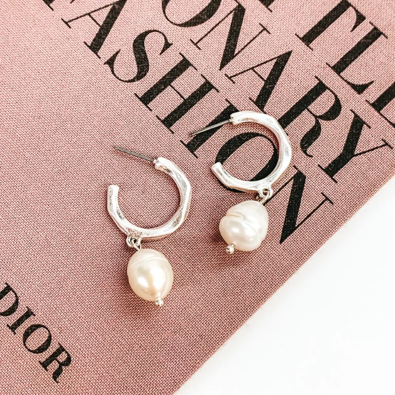 Women’s star-shaped earrings-Special Occasion Hoop Earring with Pearl Dangle in Worn Silver Tone