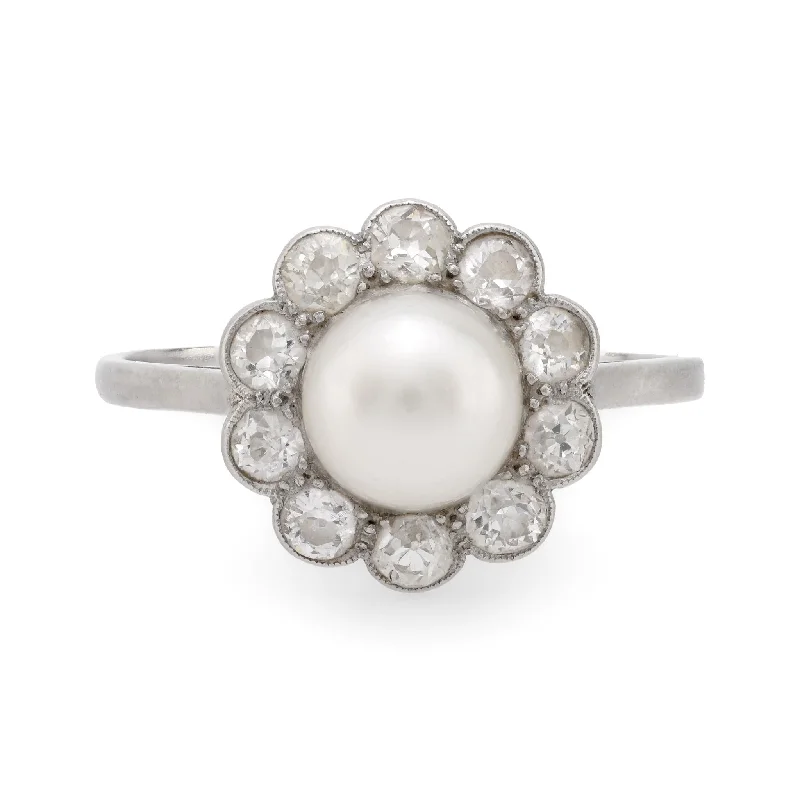 Women’s fashion rings-Edwardian natural pearl diamond platinum cluster ring