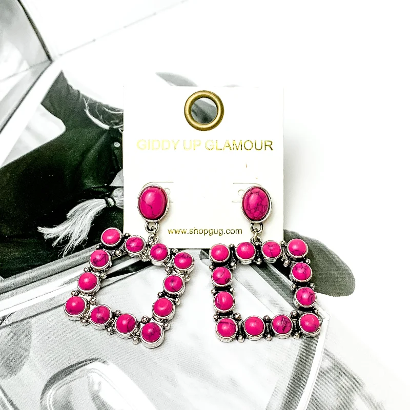 Women’s layered earrings-Open Square Drop Earrings with Fuchsia Pink Stones in Silver Tone