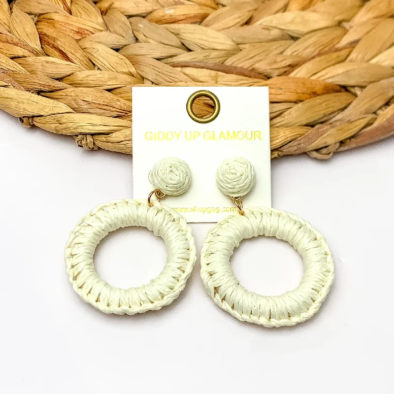 Women’s infinity earrings-Beachside Café Raffia Wrapped Circle Earrings in Ivory White