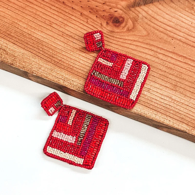 Women’s fashion drop earrings-Resort Life Beaded Square Drop Earrings with Chevron Design in Red