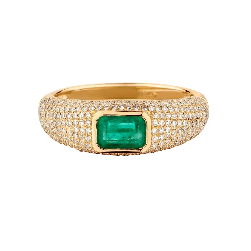 Women’s platinum rings-PAVÉ DIAMOND & GREEN EMERALD DOMED RING