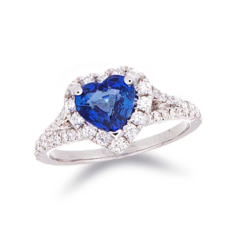 Women’s floral gemstone rings-Heart Shape Sapphire & Diamond Halo Ring