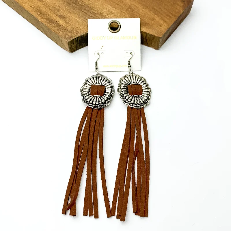 Women’s sterling silver earrings-Silver Tone Concho Dangle Earrings with Brown Tassels