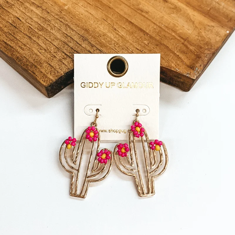 Women’s pearl earrings-Gold Tone Cutout Cactus Earrings with Seedbeaded Flowers in Pink