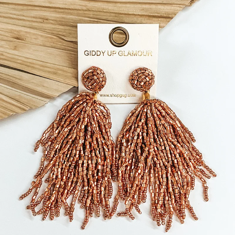 Women’s asymmetrical earrings-Crash My Party Seed Bead Tassel Earrings in Rose Gold