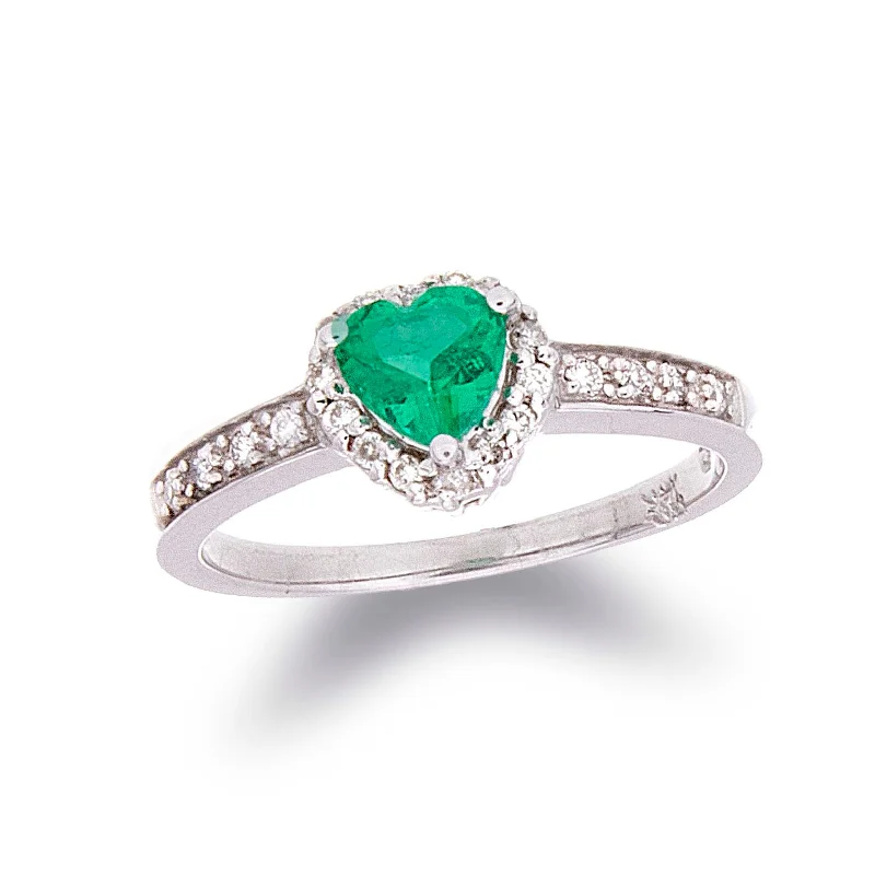 Women’s wedding rings-Heart Shaped Emerald Ring with Diamond Halo