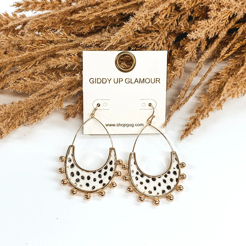 Women’s layered earrings-Gold Tone Teardrop Earrings with a White Dotted Print